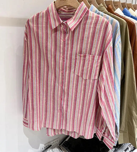 Women Pink Striped Loose Blouse 2023 Office Turn-down Collar Long Sleeve Vintage Blue Patchwork Single Breasted Top Shirt Autumn