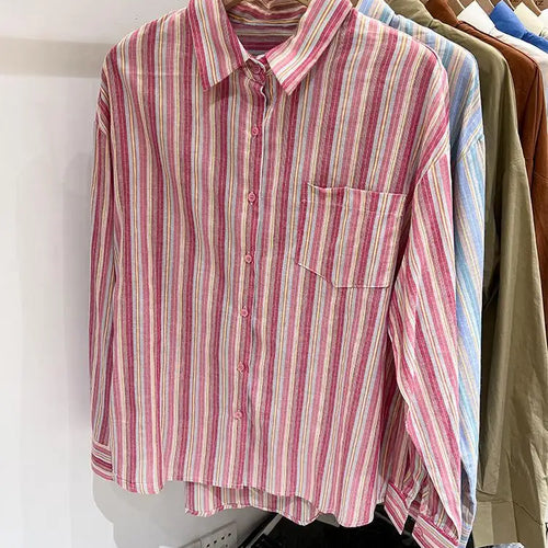 Load image into Gallery viewer, Women Pink Striped Loose Blouse 2023 Office Turn-down Collar Long Sleeve Vintage Blue Patchwork Single Breasted Top Shirt Autumn
