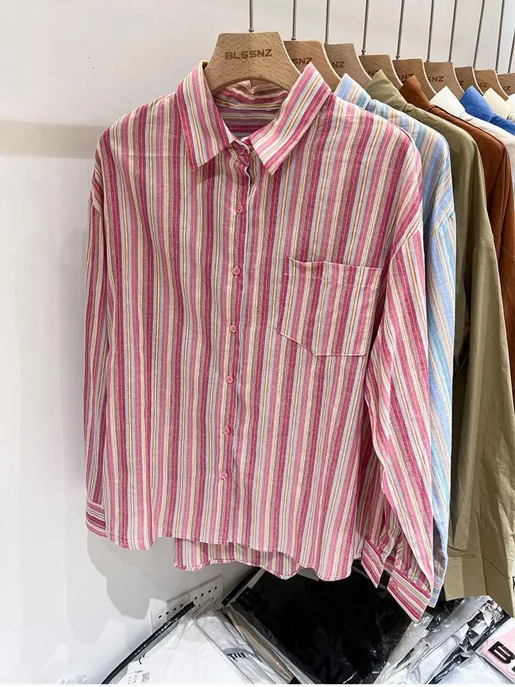 Women Pink Striped Loose Blouse 2023 Office Turn-down Collar Long Sleeve Vintage Blue Patchwork Single Breasted Top Shirt Autumn