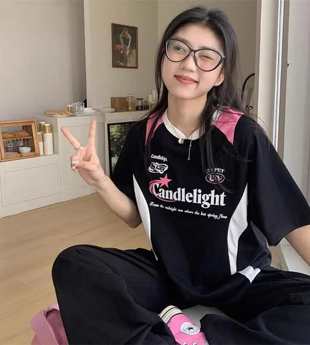 Women Clothing Patchwork Letter Women T Shirts Y2k Tops O-neck Short Sleeve Cotton Tees Fashion Casual Summer Tshirt Ropa  Mujer