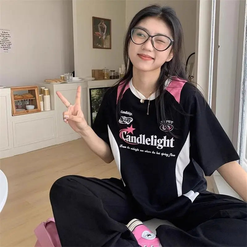 Women Clothing Patchwork Letter Women T Shirts Y2k Tops O-neck Short Sleeve Cotton Tees Fashion Casual Summer Tshirt Ropa  Mujer