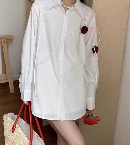 Loose Spliced Appliques Fashion Shirts for Women Lapel Long Sleeves Patchwork Single Breasted Casual Shirt Female