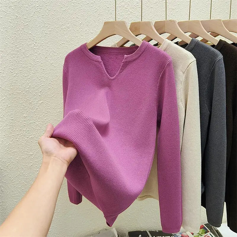 Autumn Winter Korean Fashion Solid V Neck Velvet Knit Crochet Sweater Women Warm Long Sleeve Pullovers Tops Casual Popular Trend