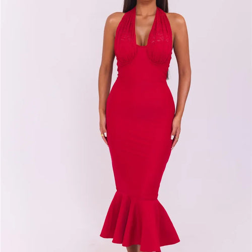 Load image into Gallery viewer, Sleeveless Fishtail Maxi Dress For Women Autumn New Halter Deep V Neck Backless Bodycon Party Sexy Long Dress Elegant
