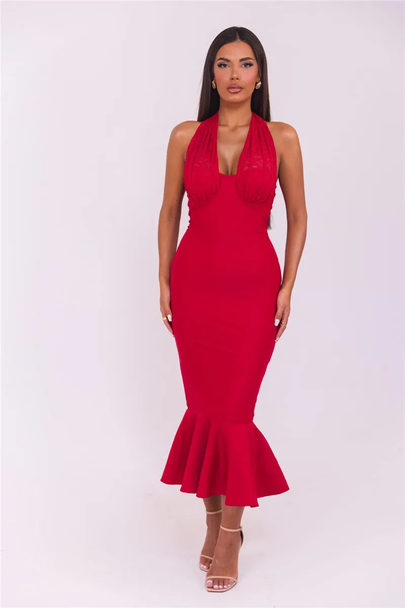 Sleeveless Fishtail Maxi Dress For Women Autumn New Halter Deep V Neck Backless Bodycon Party Sexy Long Dress Elegant