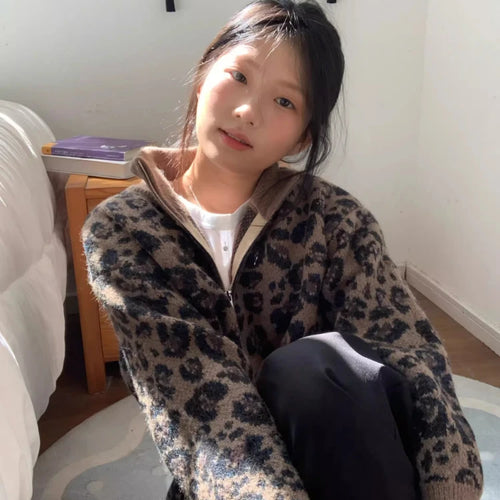 Load image into Gallery viewer, Y2k Aesthetic Leopard Print Casual Cardigans 2025 Women Vintage Stand Neck Knitwear Tops Harajuku Loose Grunge Patchwork Sweater
