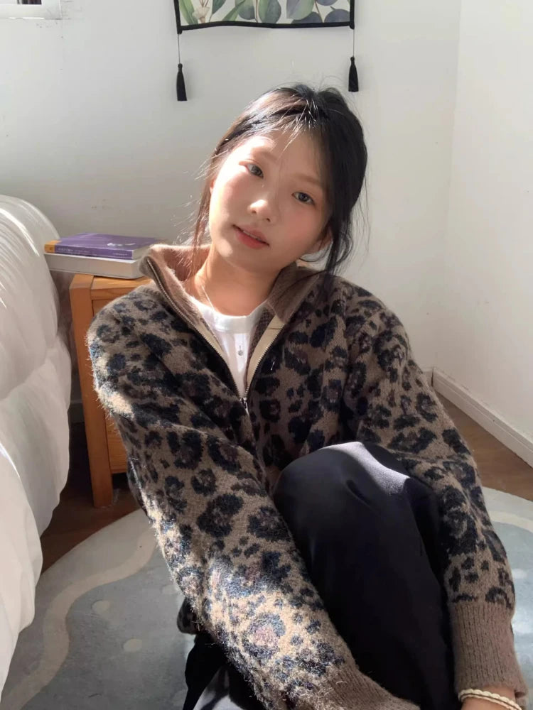 Y2k Aesthetic Leopard Print Casual Cardigans 2025 Women Vintage Stand Neck Knitwear Tops Harajuku Loose Grunge Patchwork Sweater