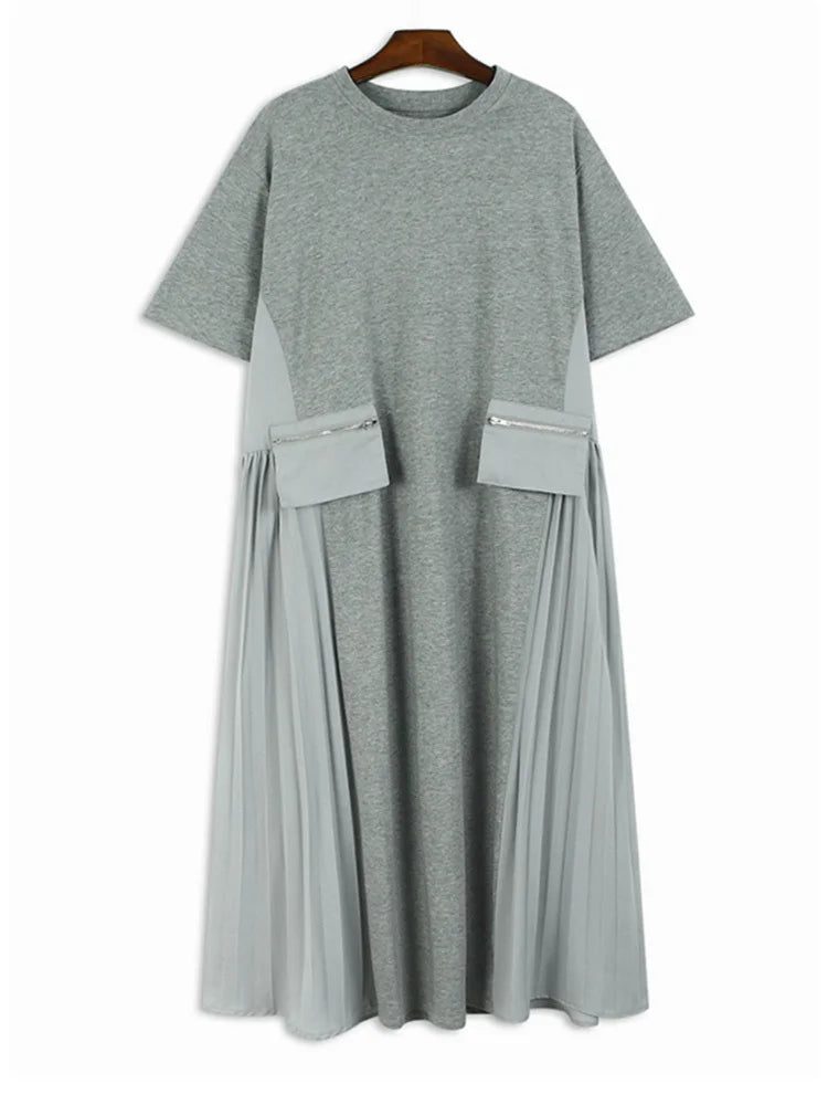 Women Black Pocket Pleated Big Size Midi Casual Dress New Round Neck Short Sleeve Fashion Tide Spring Summer 2025 1DJ0137