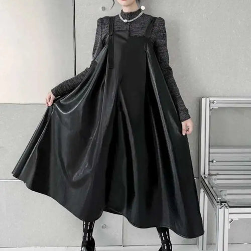 Load image into Gallery viewer, Women Black Pu Leather Big Size Casual Strap Dress New Square Collar Sleeveless Fashion Tide Spring Autumn 2025 1DH5160
