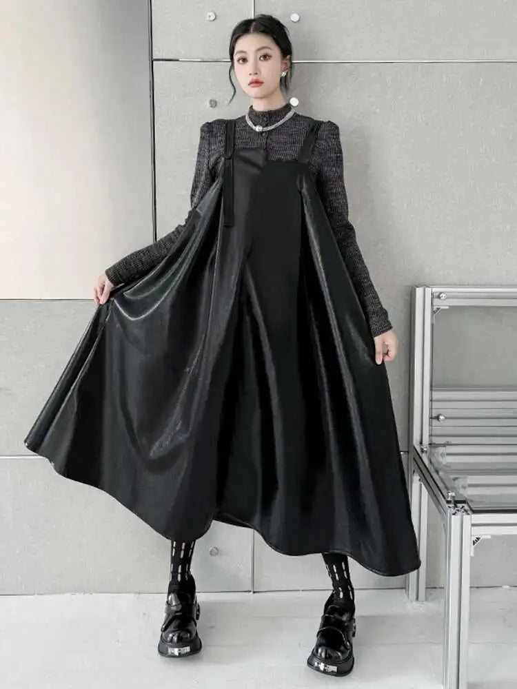 Women Black Pu Leather Big Size Casual Strap Dress New Square Collar Sleeveless Fashion Tide Spring Autumn 2025 1DH5160