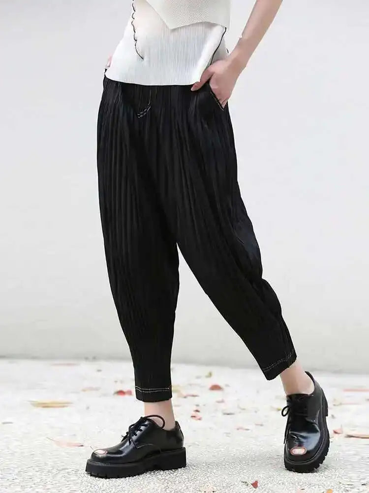 High Elastic Waist Black Pleate Long Harem Pants New Loose Fit Trousers Women Fashion Tide Spring Autumn 2025 1DF7971