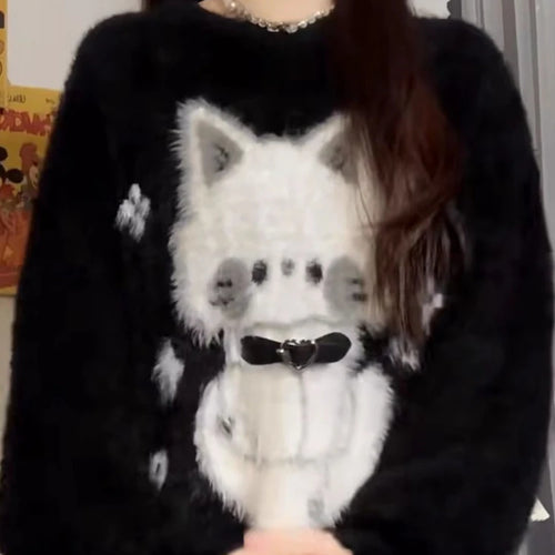 Load image into Gallery viewer, 2025 Harajuku Black Cartoon Cat Knitted Soft Sweater Women Autumn Vintage Streetwear Tops Loose Grunge Y2k Aesthetic Pull Femme
