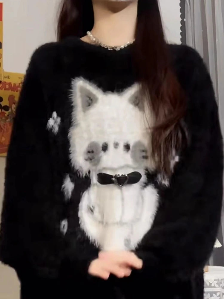 2025 Harajuku Black Cartoon Cat Knitted Soft Sweater Women Autumn Vintage Streetwear Tops Loose Grunge Y2k Aesthetic Pull Femme
