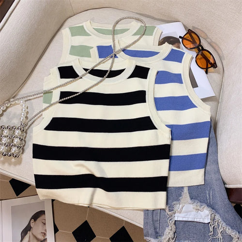 Load image into Gallery viewer, Vintage Chic Round-neck Striped Patchwork Knitted Sleeveless Women&#39;s Vest Korean Fashion Summer 2024 Female Clothing Tank Tops
