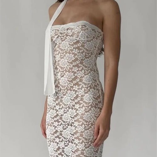 Load image into Gallery viewer, Lace See Through Sexy Midi Dress For Women Fashion Off-shoulder Strapless Sleeveless Backless Bodycon Club Party Dress
