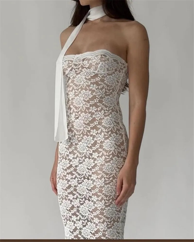 Lace See Through Sexy Midi Dress For Women Fashion Off-shoulder Strapless Sleeveless Backless Bodycon Club Party Dress