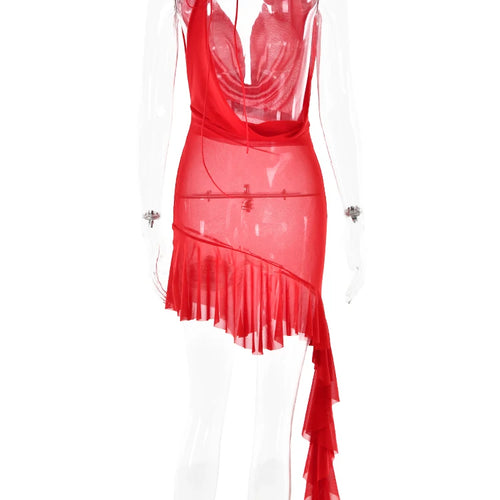 Load image into Gallery viewer, Sexy Hanging Collar Backless Deep V Dress For Women Lace Up Pleats Ruffled Edges Skirt Slim Party Nightclub Beachwear
