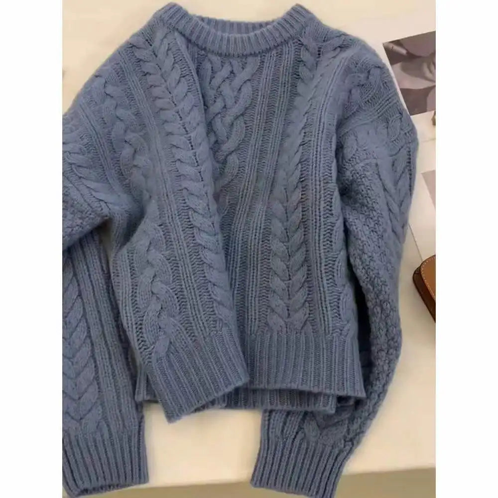 Autumn Winter Blue Elegant Crochet Short Sweater Women Korean Elegent O-neck Long Sleeve Fashion Festival Knit Pullover Tops New