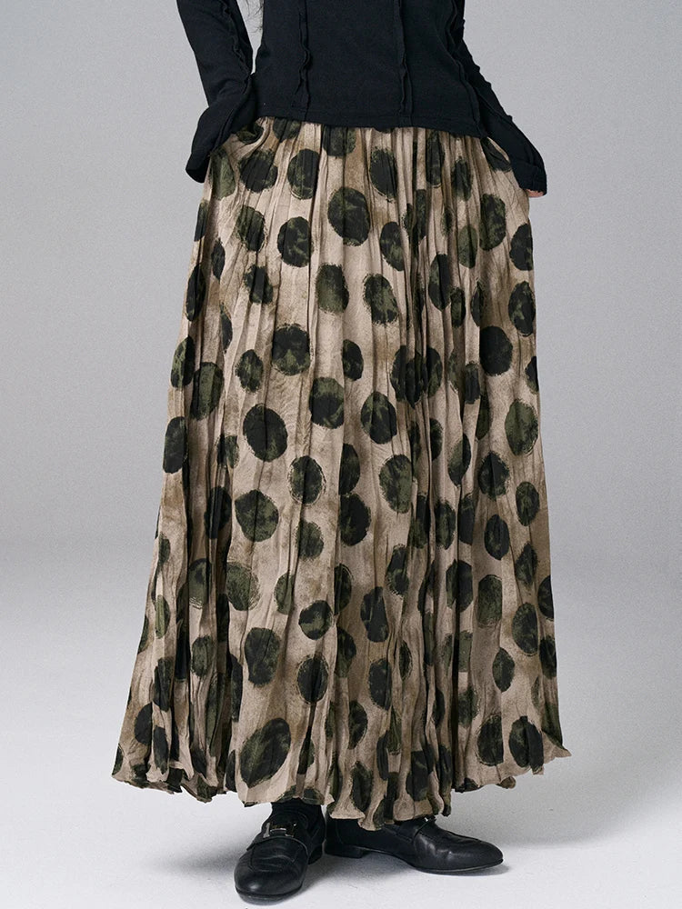 High Elastic Waist Green Dot Printed Vintage A-line Half-body Skirt Women Fashion Tide New Spring Autumn 2025 1DJ0380