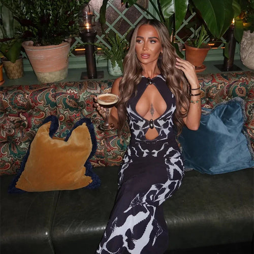 Load image into Gallery viewer, Hollow Out Print Sexy Maxi Dress Women Gown Fashion Black O Neck Sleeveless Bodycon Club Party Long Dress 2025 New
