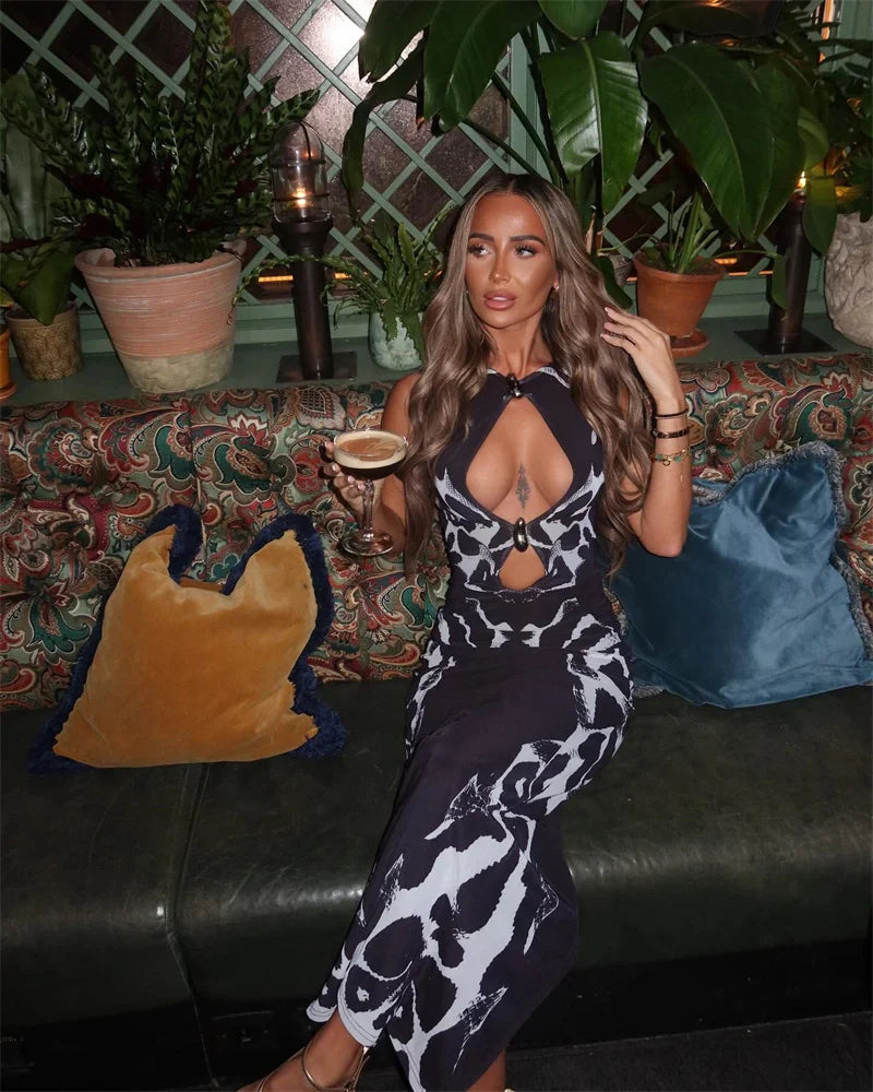 Hollow Out Print Sexy Maxi Dress Women Gown Fashion Black O Neck Sleeveless Bodycon Club Party Long Dress 2025 New