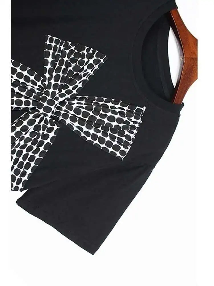 Women Black Plaid Bow Big Size Casual T-shirt New Round Neck Short Sleeve Fashion Tide Spring Summer 2025 1DE9057