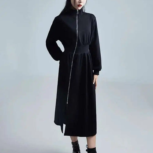 Load image into Gallery viewer, Women Black Zipper Slit Big Size Midi Dress New Half High Collar Long Sleeve Loose Fit Fashion Spring Autumn 2025 1DH2442
