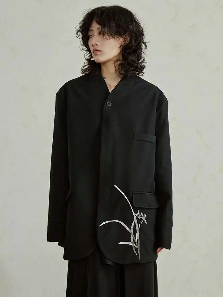 Women Black Embroidery Vintage Big Size Blazer New Stand Collar Long Sleeve Jacket Fashion Tide Spring Autumn 2025 1DH4322