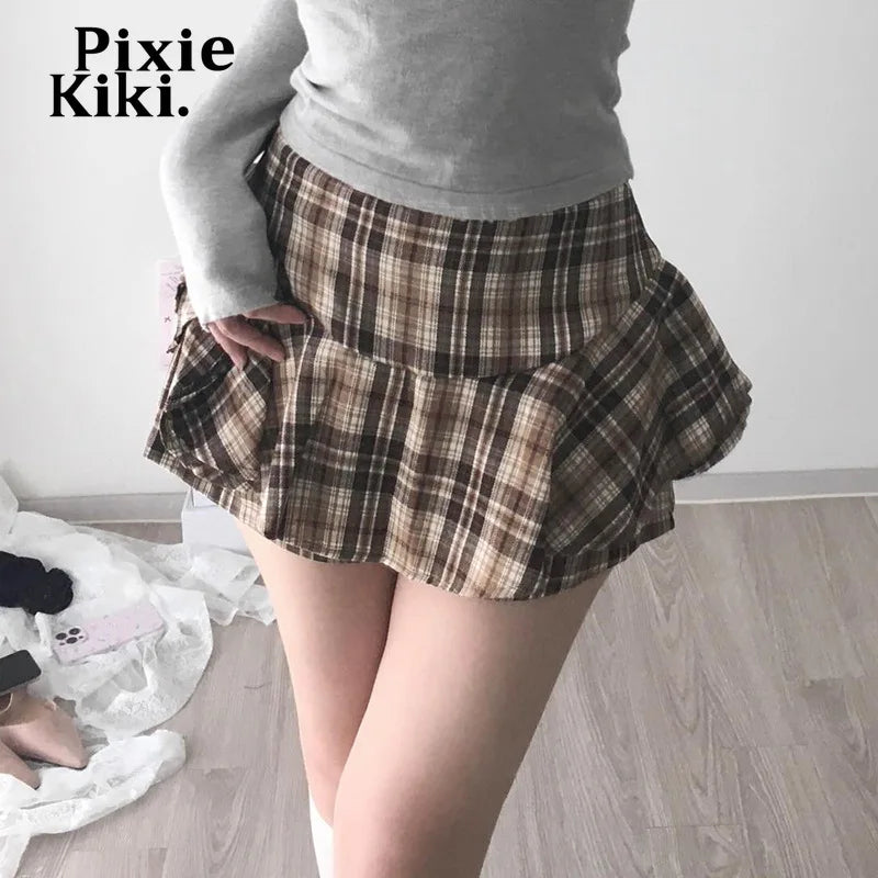 Brown Plaid Mini Skirts with Shorts Korean Style Kawaii High Waisted Skirt Fall Clothing Women 2024 P84-CA12