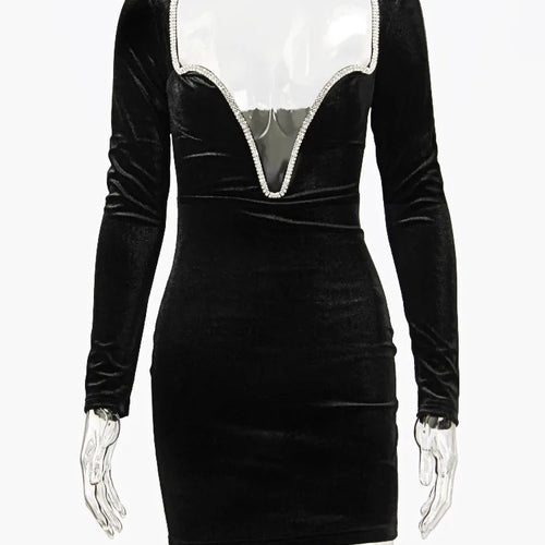 Load image into Gallery viewer, Long Sleeve Sexy Deep V Neck Wired Diamante Crystal Padded Should Bodycon Outfits Women Winter Velvet Party Dress
