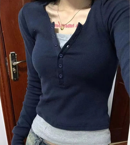 Y2k Aesthetic Casual Fake Two Piece T-shirt Womens Harajuku Patchwork Vintage Top Streetwear Grunge Single Breasted Shirts Femme