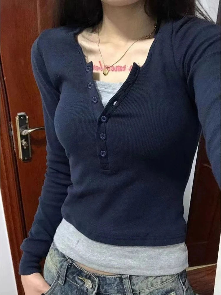 Y2k Aesthetic Casual Fake Two Piece T-shirt Womens Harajuku Patchwork Vintage Top Streetwear Grunge Single Breasted Shirts Femme