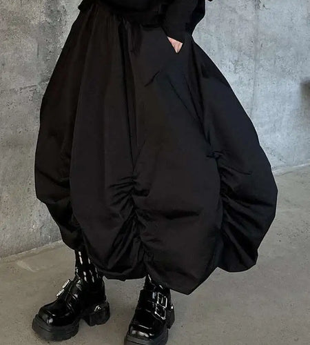 High Elastic Waist Black Pleated Irregular Shaped A-line Half-body Skirt Women Fashion Tide New Spring Autumn 2025 1DH9135