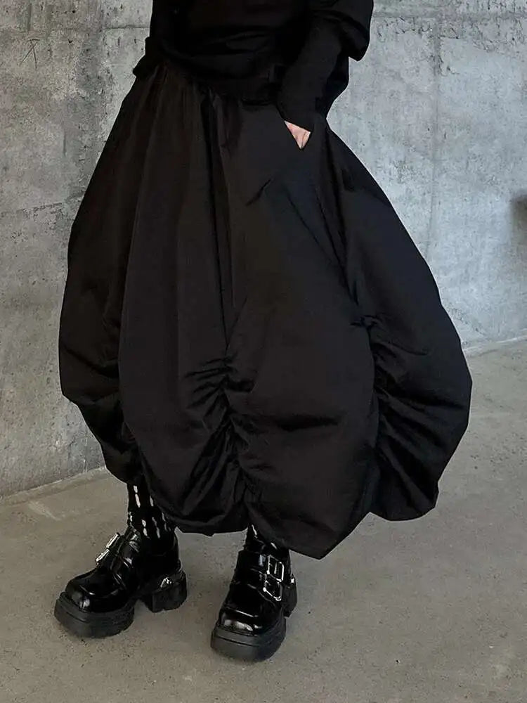 High Elastic Waist Black Pleated Irregular Shaped A-line Half-body Skirt Women Fashion Tide New Spring Autumn 2025 1DH9135