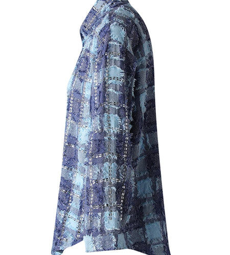 Women Blue Plaid Rhinestones Burr Big Size Blouse New Lapel Long Sleeve Shirt Fashion Tide Spring Autumn 2025 29L6766