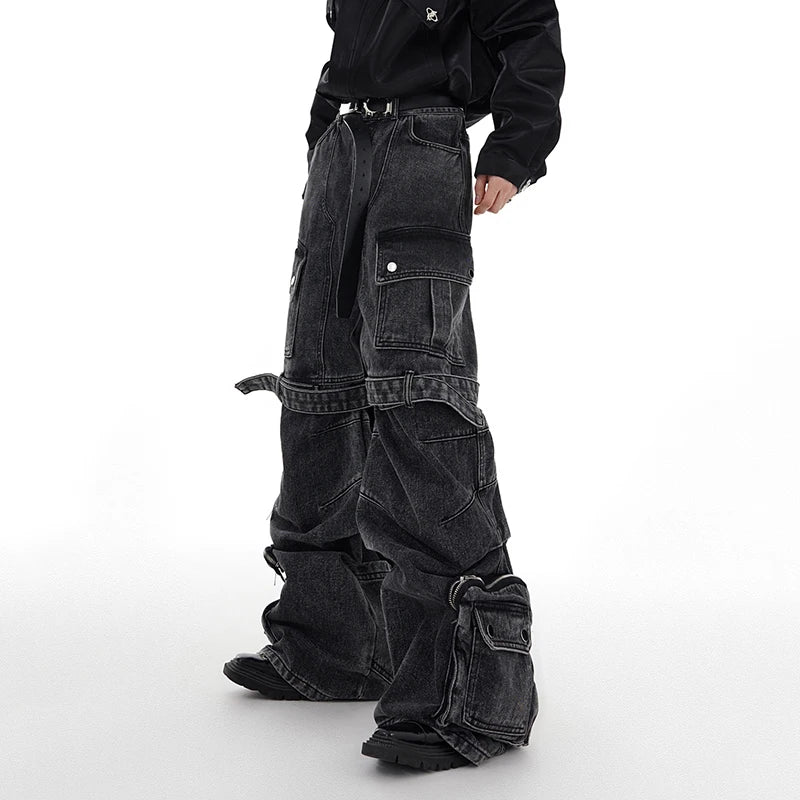 Multi-pocket Jeans Three-dimensional Lace-up Design Wide-leg Overalls Autumn Streetwear Black-grey Denim Pants 24X1350