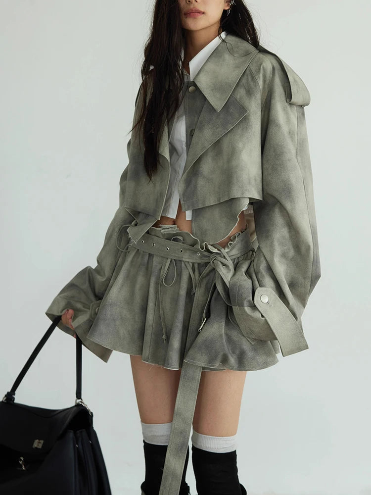 Solid Streetwear Two Piece Sets For Women Lapel Long Sleeves Short Coat Spliced Belt Mini Skirt Deaigner Set Female