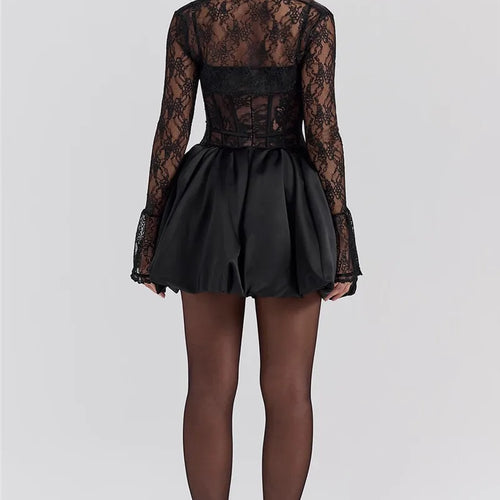 Load image into Gallery viewer, Black Lace Puffball Sexy Mini Dress For Women Fashion Lace-up Sheer Long Flare Sleeve High Waist Club Party Dress
