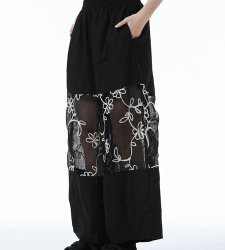 High Elastic Waist Black Grid Hollow Out Thin Wide Leg Pants New Trousers Women Fashion Tide Spring Autumn 2025 1DJ1246