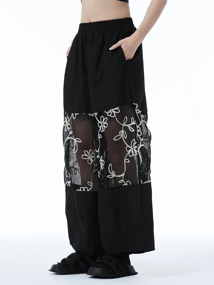 High Elastic Waist Black Grid Hollow Out Thin Wide Leg Pants New Trousers Women Fashion Tide Spring Autumn 2025 1DJ1246