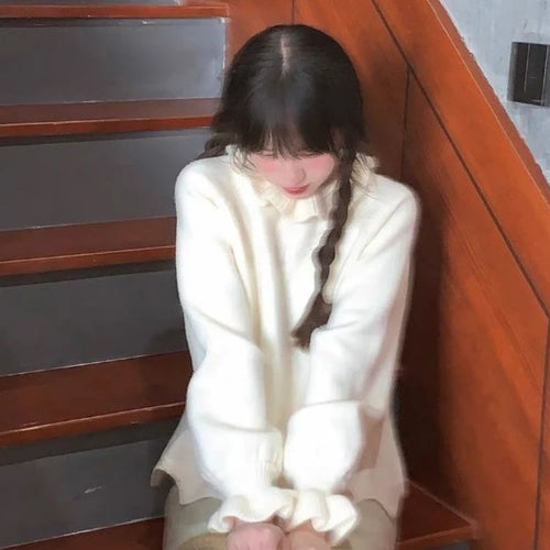 Load image into Gallery viewer, Sweet Ruffled Collar Solid Sweater Women Y2k Aesthetic Winter Loose Irregular Tops Harajuku Fairy Flare Sleeve Knitwear Jumper
