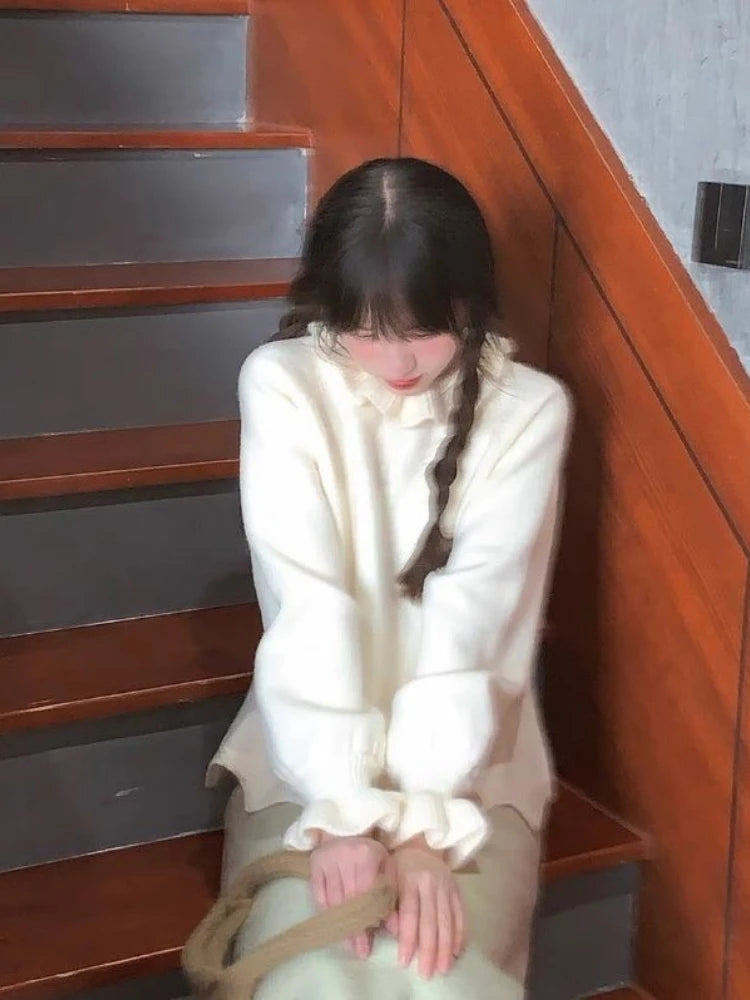 Sweet Ruffled Collar Solid Sweater Women Y2k Aesthetic Winter Loose Irregular Tops Harajuku Fairy Flare Sleeve Knitwear Jumper