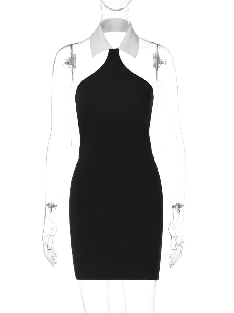 Halter Sleeveless Sexy Mini Dress For Women Fashion Patchwork Off-shoulder Backless Skinny Club Sexy Party Dress