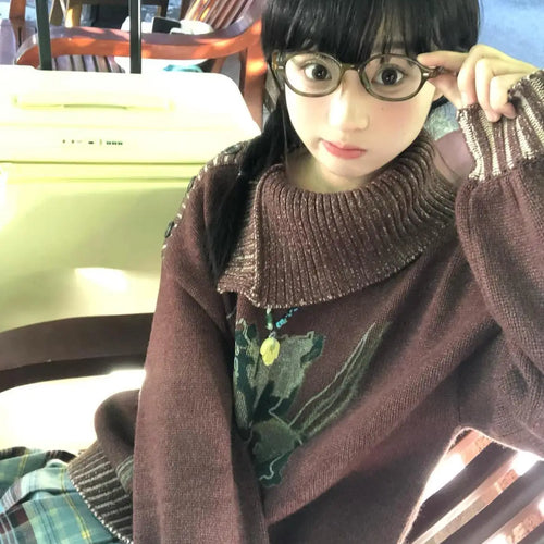 Load image into Gallery viewer, Loose Grunge Cartoon Flower Print Sweaters Y2k Aesthetic Vintage Knitted Pullovers Streetwear Patchwork Harajuku Women's Jumpers
