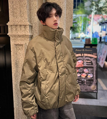 Korean Style Men's Padded Jacket Stand Collar Solid Color Thickened Fashion Autumn Winter 2024  Zipper Button Design 9C8795