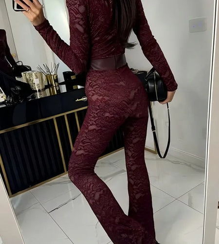 Fashion Lace Leather Patchwork Long Sleeved Jumpsuit Women's 2025 Autumn/Winter Sexy Patchwork New Elastic Tight Rompers