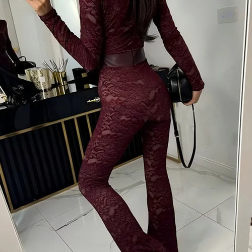 Load image into Gallery viewer, Fashion Lace Leather Patchwork Long Sleeved Jumpsuit Women's 2025 Autumn/Winter Sexy Patchwork New Elastic Tight Rompers
