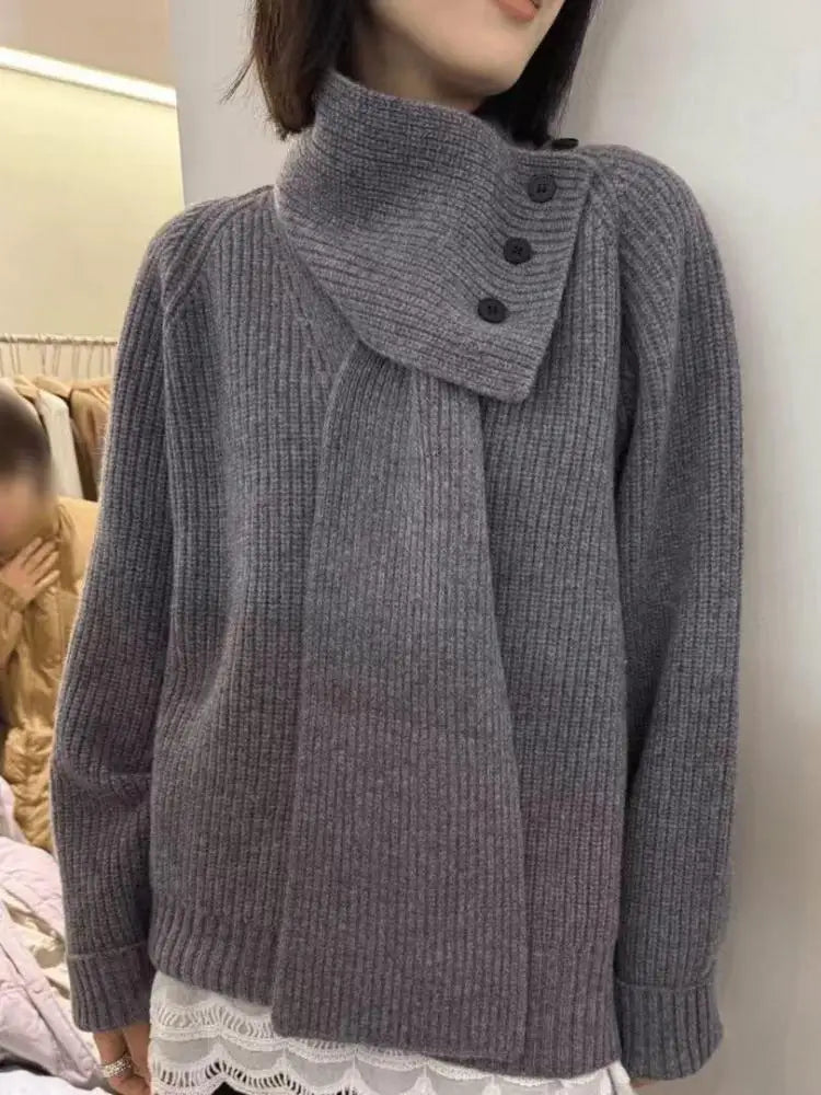 2024 Autumn Winter New Solid Scarf Neck Sweater Korean Version Loose Fashion Long Sleeve Pullovers Knitted Tops Ladies Clothes