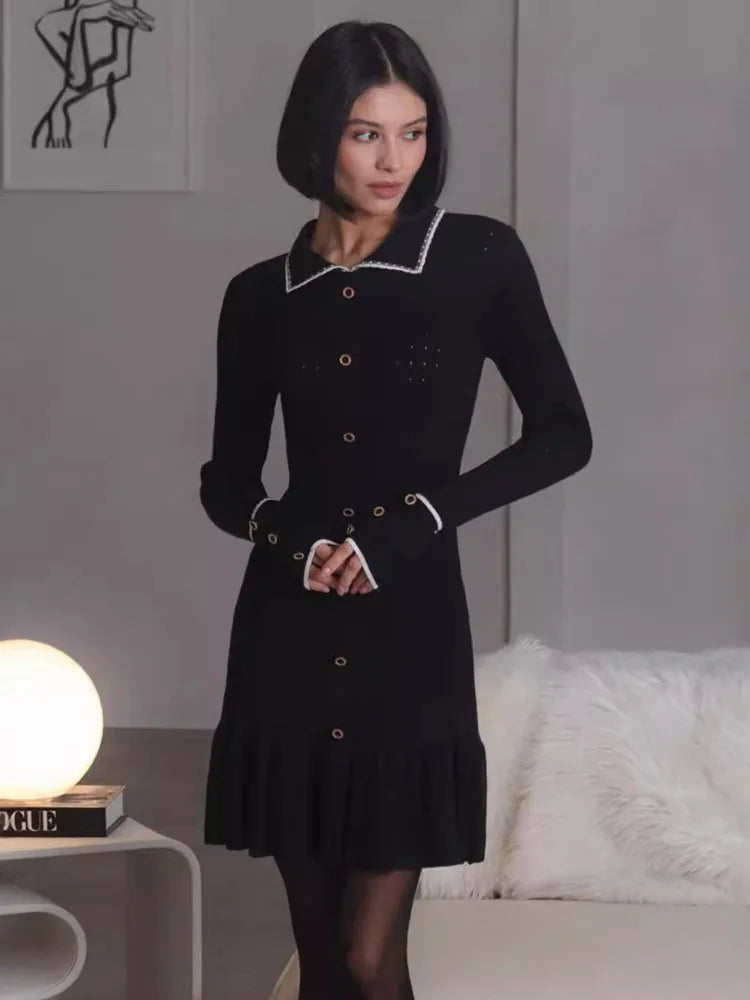 Autumn Long Sleeve Knit Dress For Women Fashion Lapel Single-btrasted Button High Waist Ruffled Mini Dress Knitwear