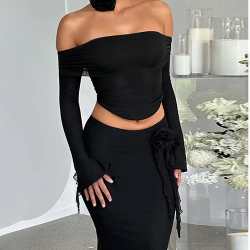 Load image into Gallery viewer, Winter New Sexy Long Sleeved Half Skirt Set For Woman 3D Flower Slim Tight Long Skirt Party Evening Dress Two Piece Set
